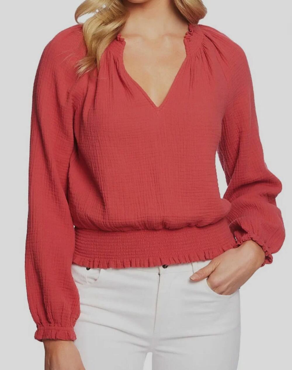 1.State Women V-Neck Cotton Long-Sleeve Smocked Blouse Medium